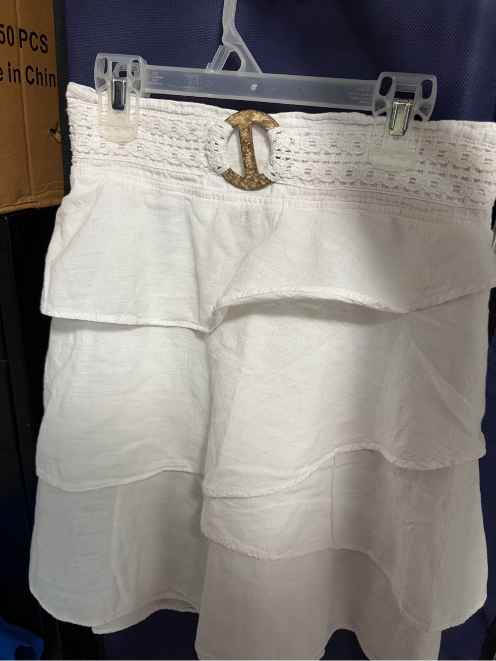 Women’s White Tiered Circle Skirt with Decorative Buckle